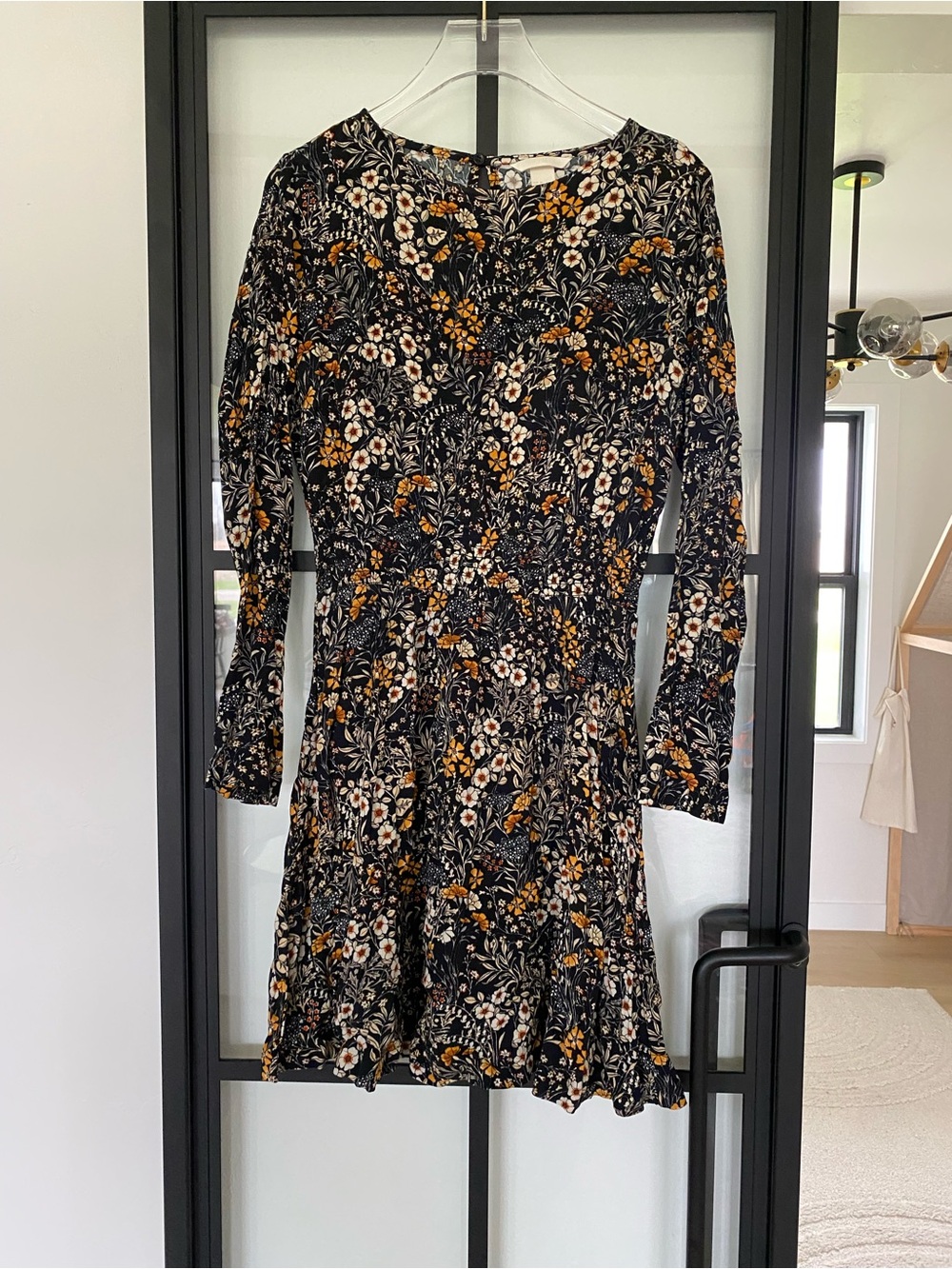 H&M Floral Smocked cinched waist black long sleeve wedding guest Mini Dress